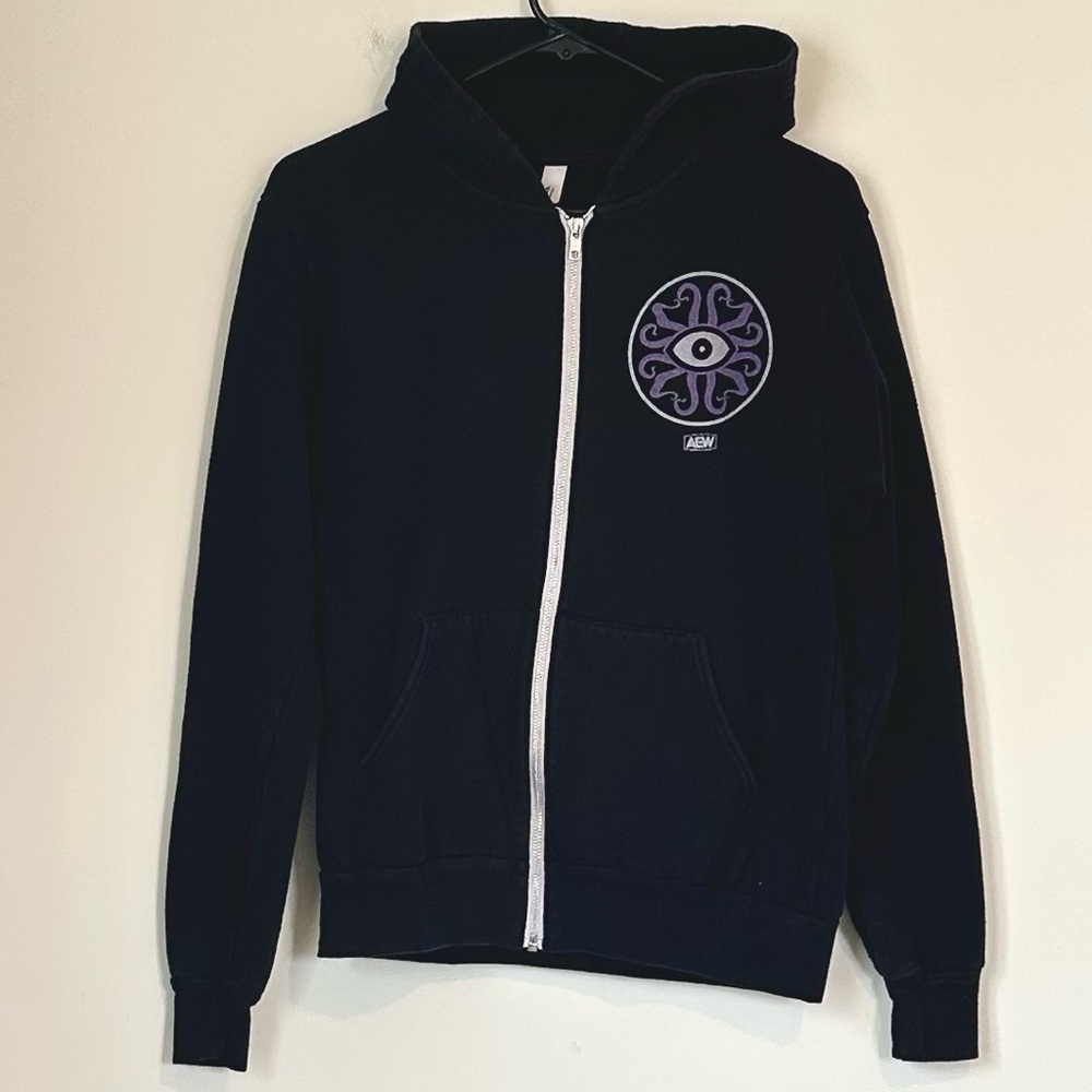 AEW Black Zip Up Hoodie with Purple Eye Design - Size: Small